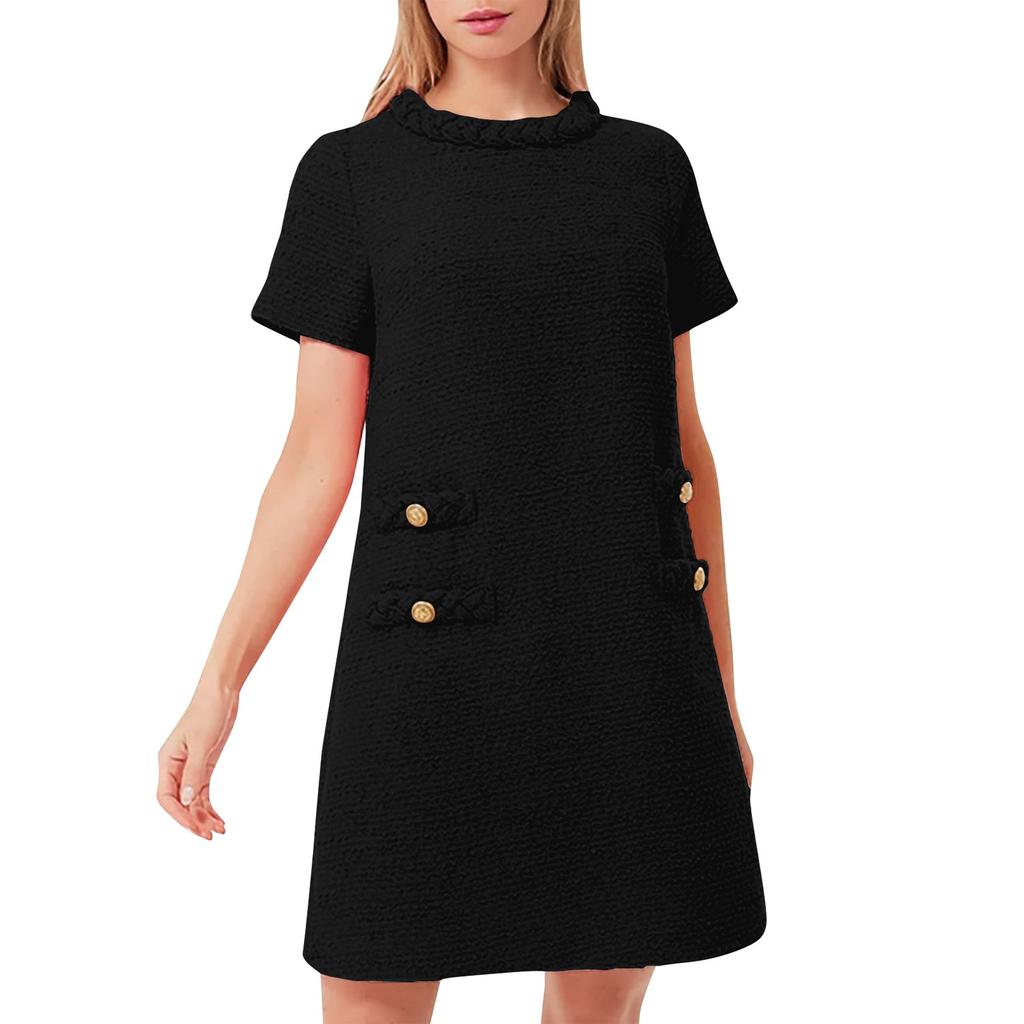 Oneck Elegant Dress Short Womens Sleeve Button Bodycon Dress