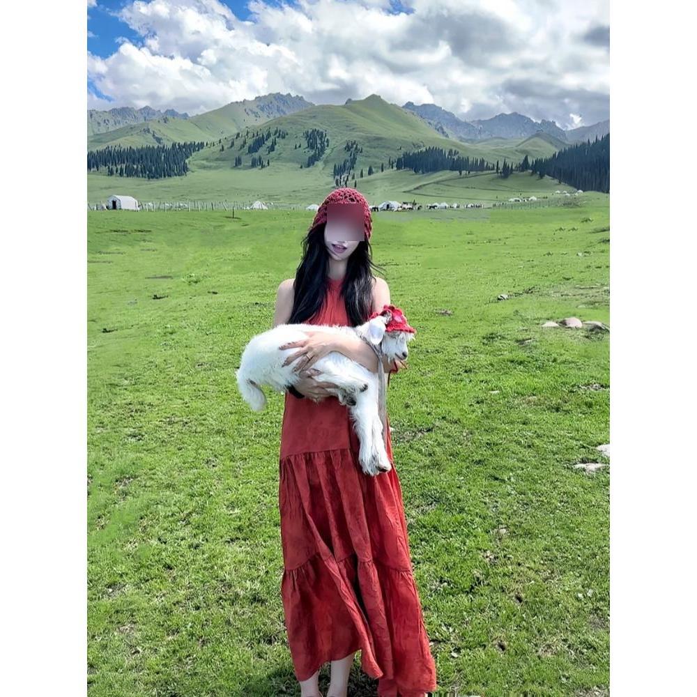 Xinjiang Western Sichuan Skirt Red Sleeveless Halterneck Dress Women's Summer Resort Style Loose Long Skirt