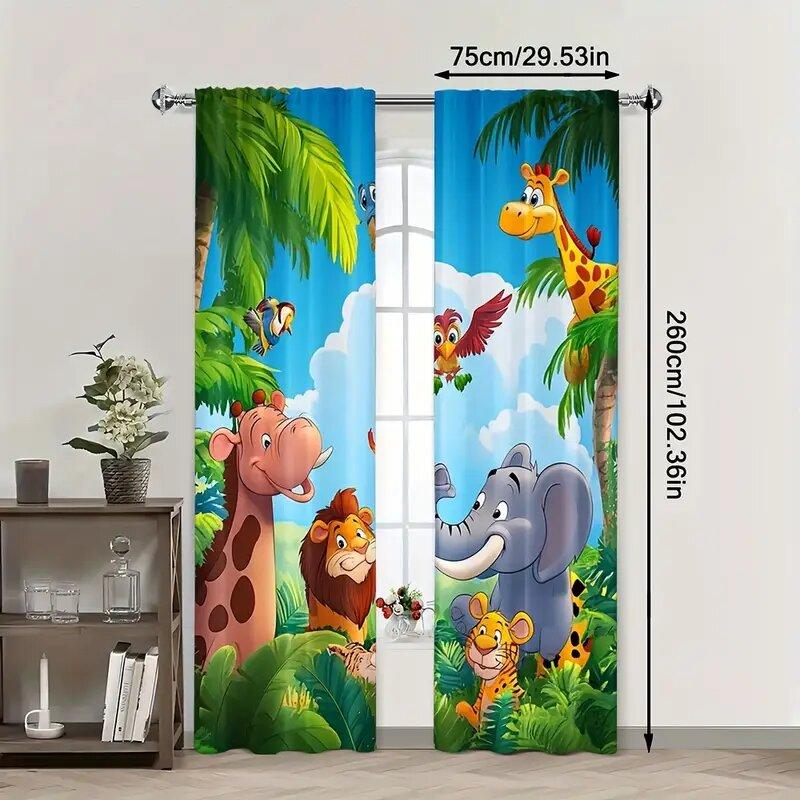 Set Of 2 Elephants Giraffes Lions Tigers Children Room Decorations Print Curtains Pole Bag Home Decoration Curtain Polyester