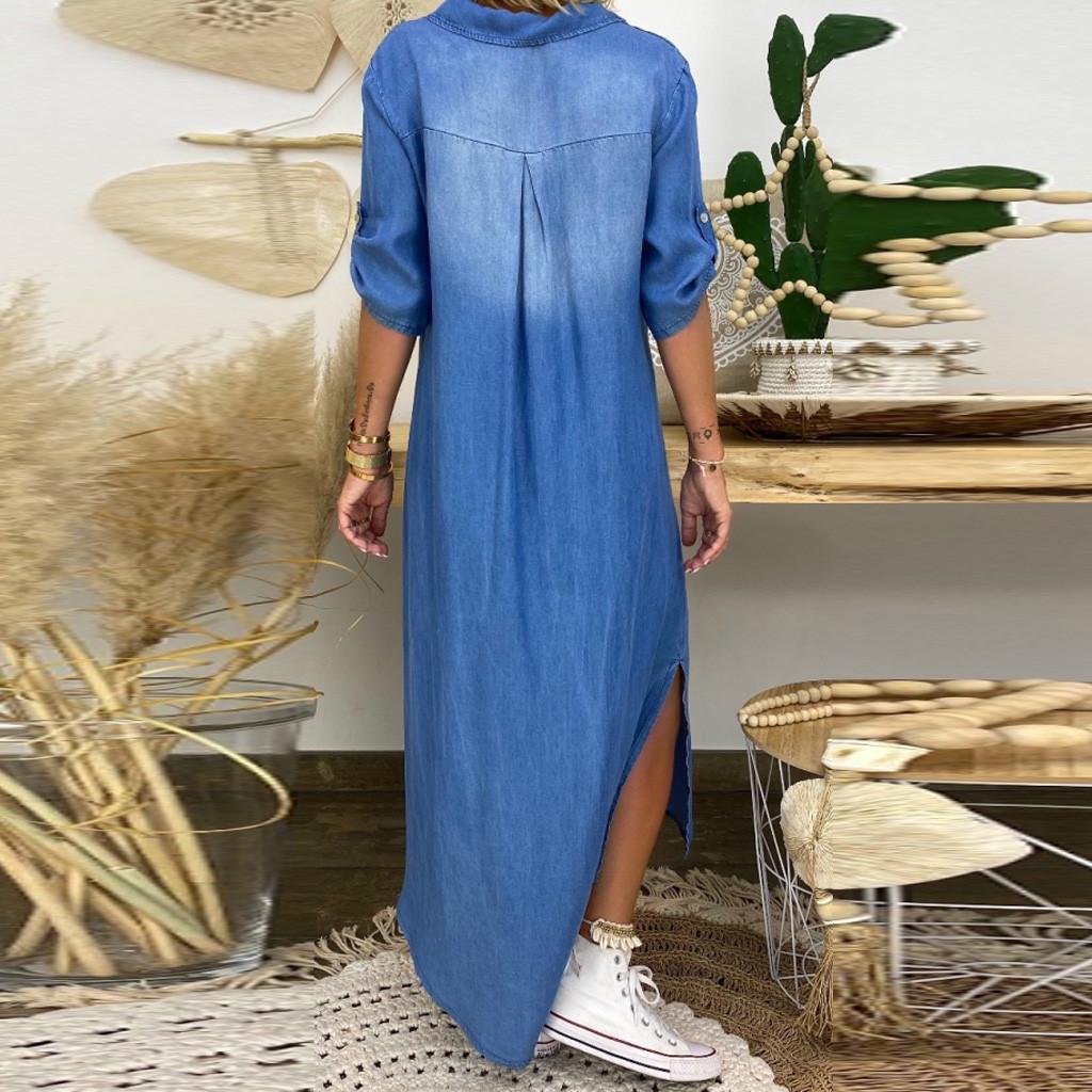 Autumn Long Dresses Women Vintage Solid Color Half Sleeve Jeans Dress With Side Split V Neck Vestidos For Women Casual