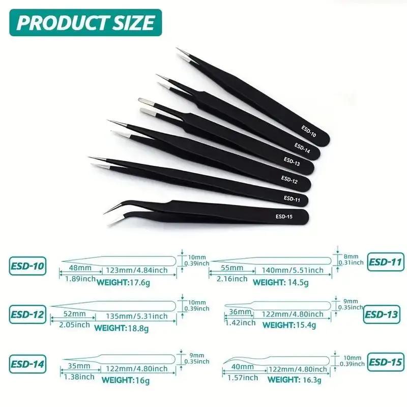 Anti Static Stainless SteelTweezers Repair Tools for Electronics Repair Soldering Craft Black 6pcs Precision Long Tweezers Set