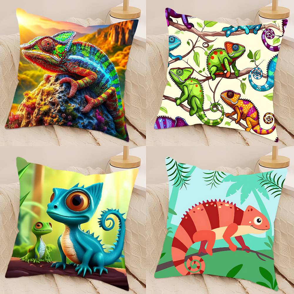 Cartoon Chameleon Lizard Pillow Case Removable Washable Cushion Cover – All-Season Soft Linen