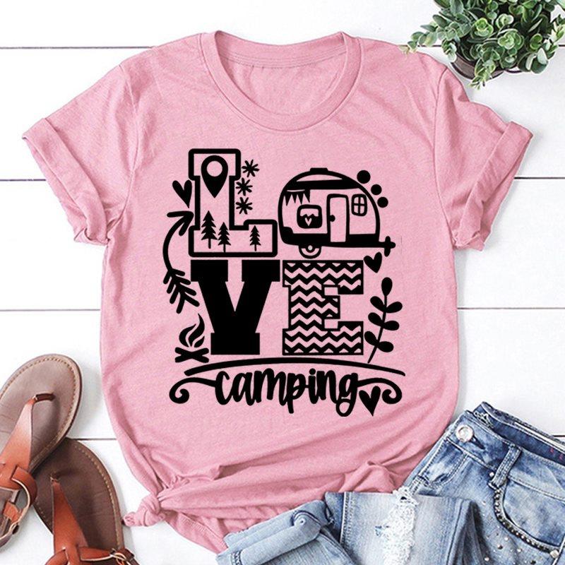 New Fashion Women T-Shirt Love Camping Print Short Sleeve Camper Casual Tee Round Neck Tops