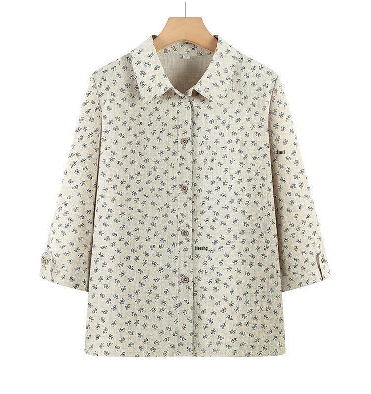 Mid-aged & Elderly Women's Floral Cotton Shirt, 3/4 Sleeve, Loose Plus Size Top