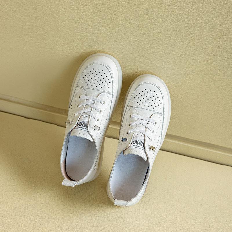 2025 Summer New Leather Little White Shoes Women's Breathable Casual Board Shoes Soft Sole Not Tired Feet Versatile Single Shoes One Pedal