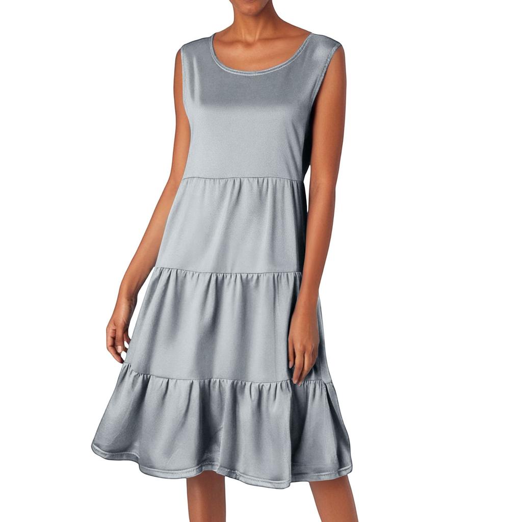Women's Bohemian Round Neck Ruffle Solid Color Summer Casual Dresses