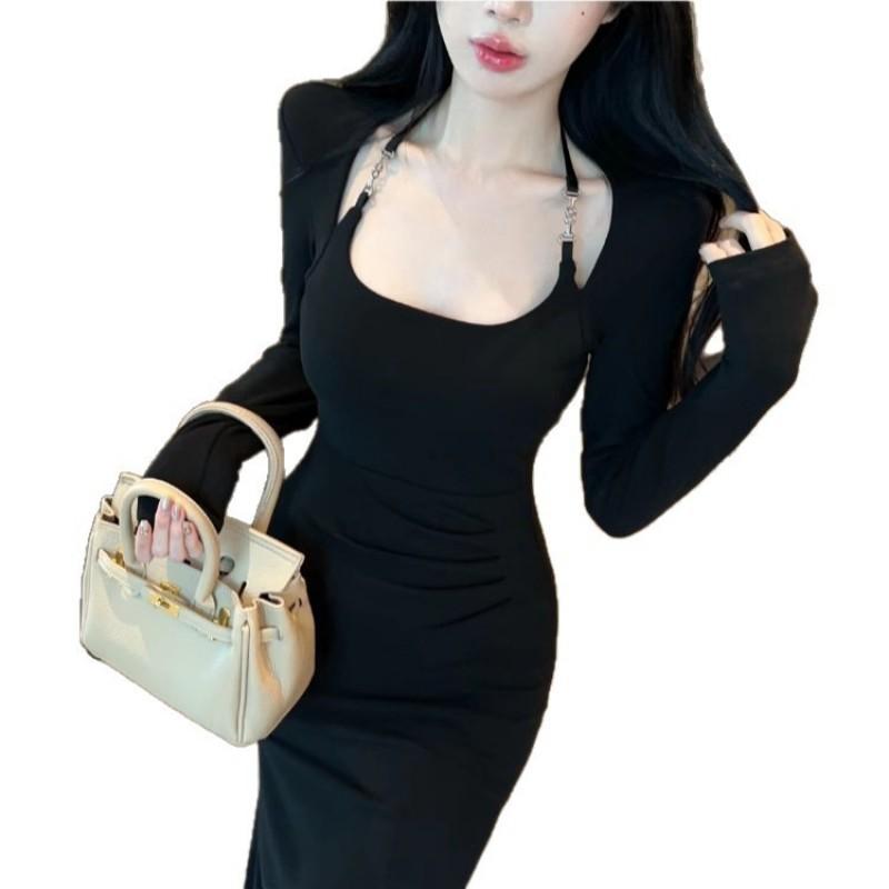 Elegant Off-Shoulder Long Sleeve Midi Dress Women Fall 2025 Slim Fit Bodycon Fishtail Skirt With Cut-Out Detail