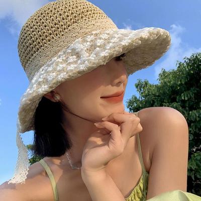 Women's Summer Lace Bowknot Straw Hat Korean Style Breathable Wide Brim Sun Protection Hat for Seaside Outings and Beach Activities