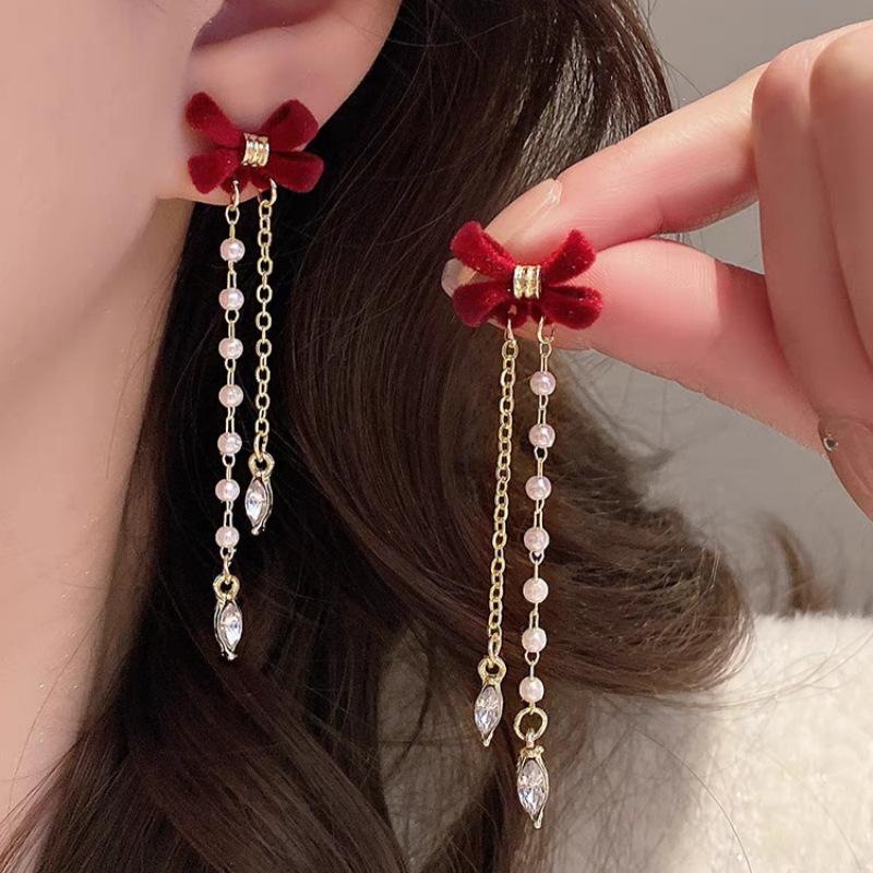 Fashion Atmospheric Red Velvet Bow Earrings Femininity Sweet Flower Long Fringed Versatile Earrings