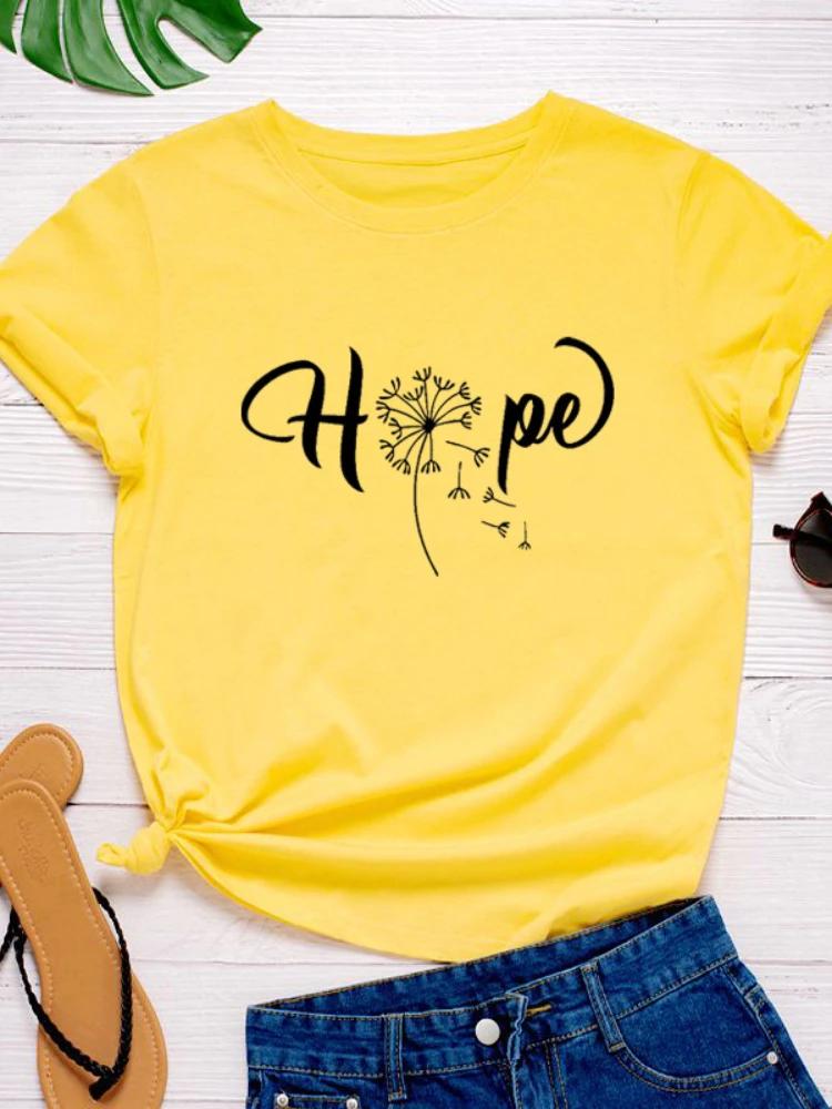 Dandelion Hope Letter Print Women T Shirt Short Sleeve O Neck Loose Women Tshirt Ladies Tee Shirt Tops Clothes Camisetas Mujer