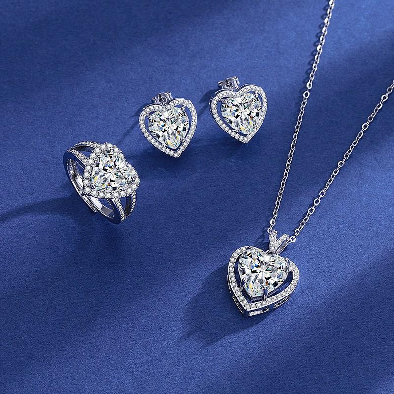 Elegant CZ Gemstone Pendant Necklace Set With Earrings Ring Women Blue Red Yellow Green Purple White Zircon Jewelry