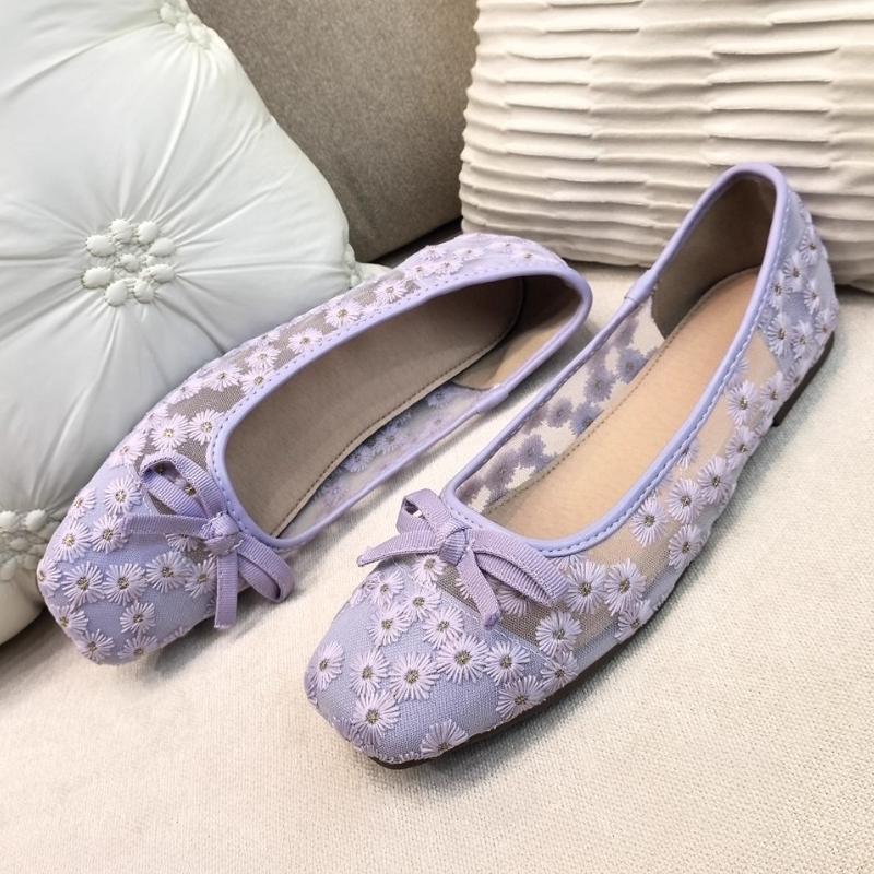 Sweet Daisy Embroidery Design Brand Ballet Flats Women Cute Square Toe Bow Decorated Mary Jane Shoes Cozy Mesh Low Heel Loafers