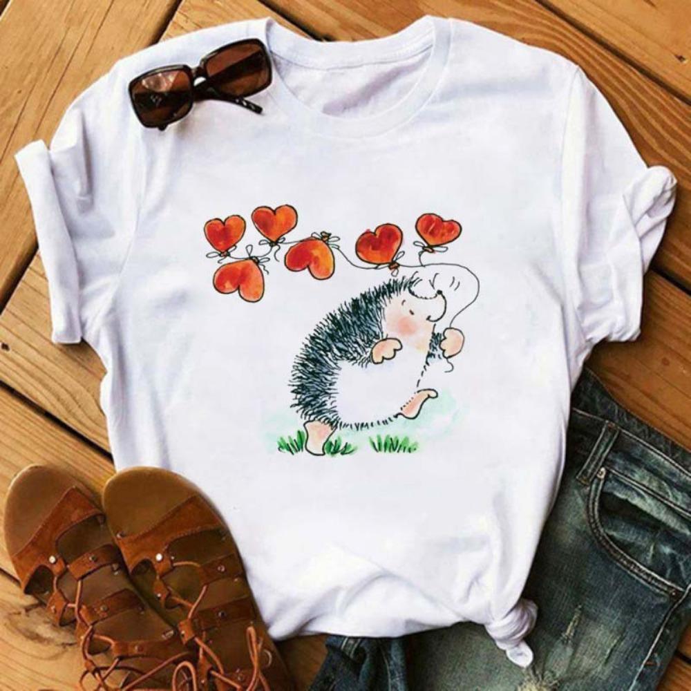 Women's Short-sleeved Hedgehog Print Fashion Round Neck T-shirt Oversized T-shirt Aesthetic Clothes Top