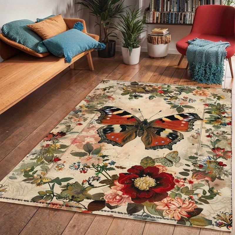 Vintage Ethnic Style Carpet Butterfly Insect Flower Pattern Rug Winter Living Room Bedroom Warm Non Slip Mat Home Decoration