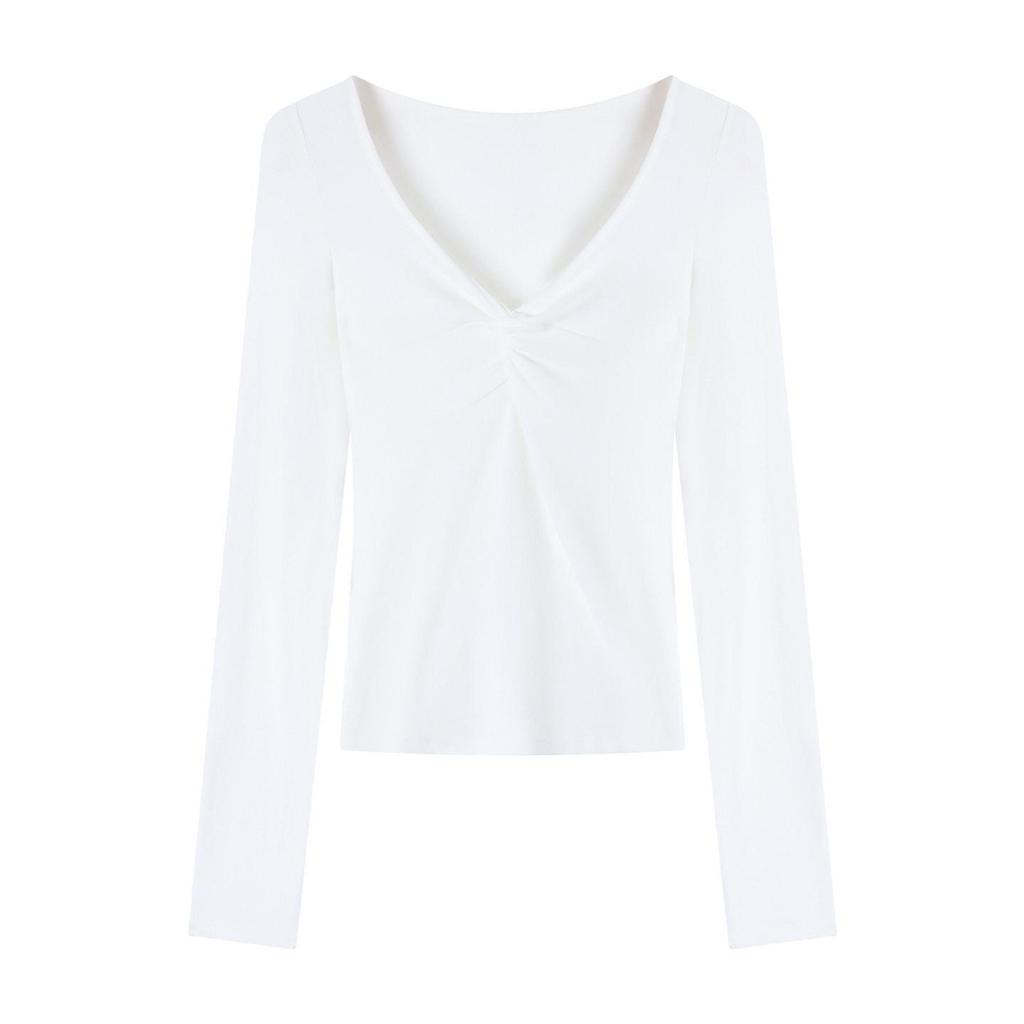 Women's V-neck Twisted Pleated Drop Shoulder Long Sleeve Spring Slimming T-shirt
