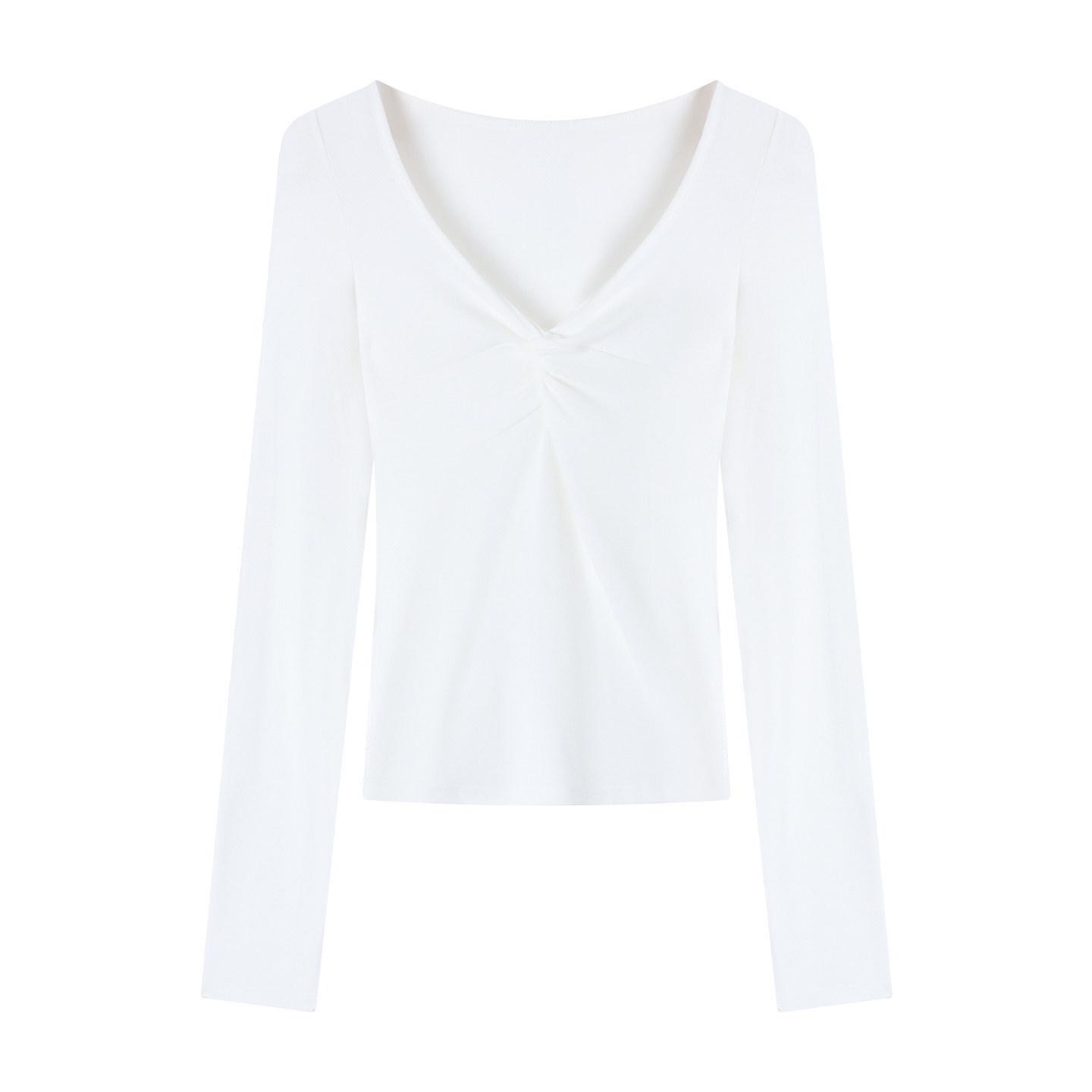 

Women s V-neck Twisted Pleated Drop Shoulder Long Sleeve Spring Slimming T-shirt M (95-110 lbs)