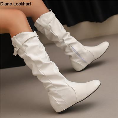 Moda Mulheres Botas de Cano Médio PU Botas Plissadas Sapatos Femininos de Bico Redondo Sapatos Planos Concisos com Aumento de Altura Outono Inverno 2025 Tamanho 34-50