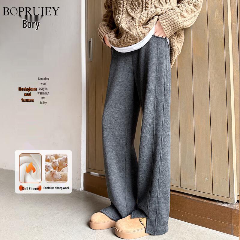 Women s Herringbone Fleece-Lined Wool Blend Casual Pants L
