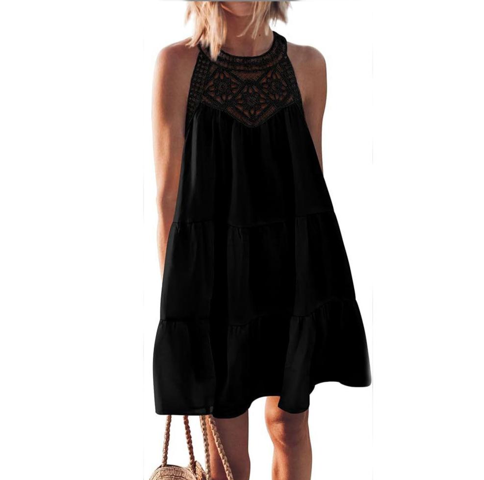 Damen Sommer Freizeit Neckholder Kleid Häkel Hohl A-Linie Strand Sommerkleider