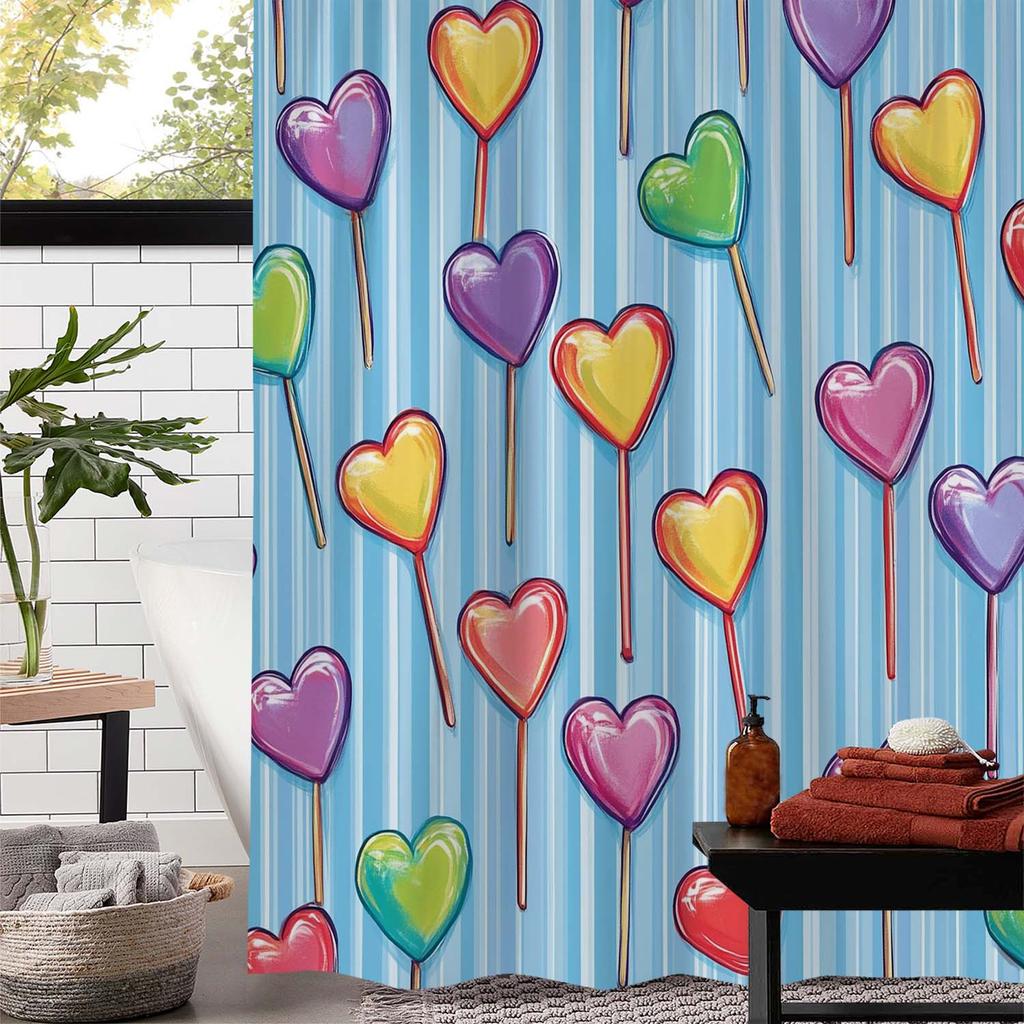 Open One Romantic Valentine'S Day Art Love Lollipop Print Shower Curtain, Window Curtain With 12 Hooks Curtain For Windows