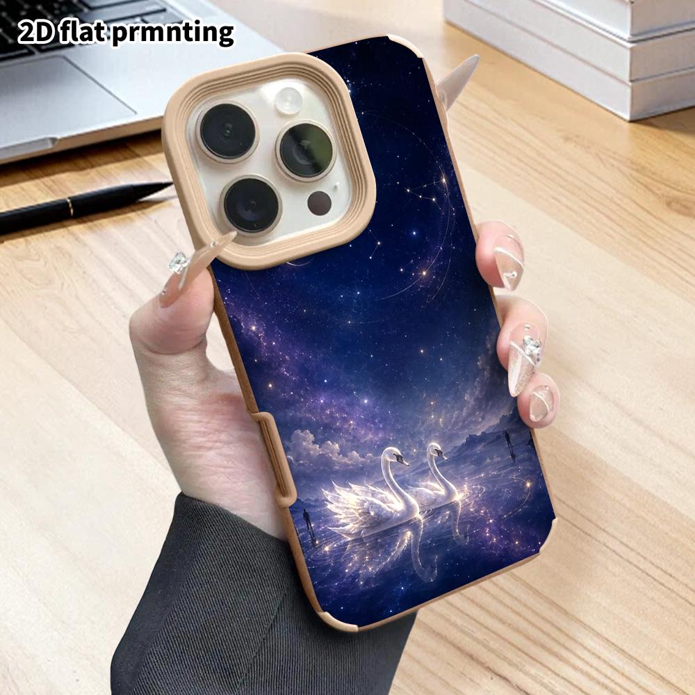 Phone Case: 2D Flat Lambskin Suitable for iPhone 18 17 16 15 14 13 Pro Protective Case, Starry Sky Swan, Christmas and Halloween Gifts