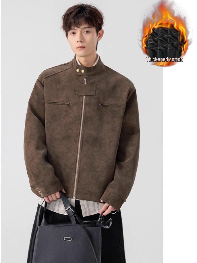 Men's Retro American Tie-Dye PU Leather Jacket - Warm, Trendy, Stand-Up Collar for Autumn