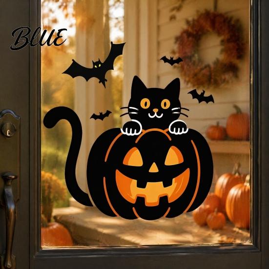 Weatherproof Halloween Decor for Balcony Pumpkin Wall Sticker Black Cat on with Flying Bats Decal Easy to Apply Seasonal Stickers Waterproof
