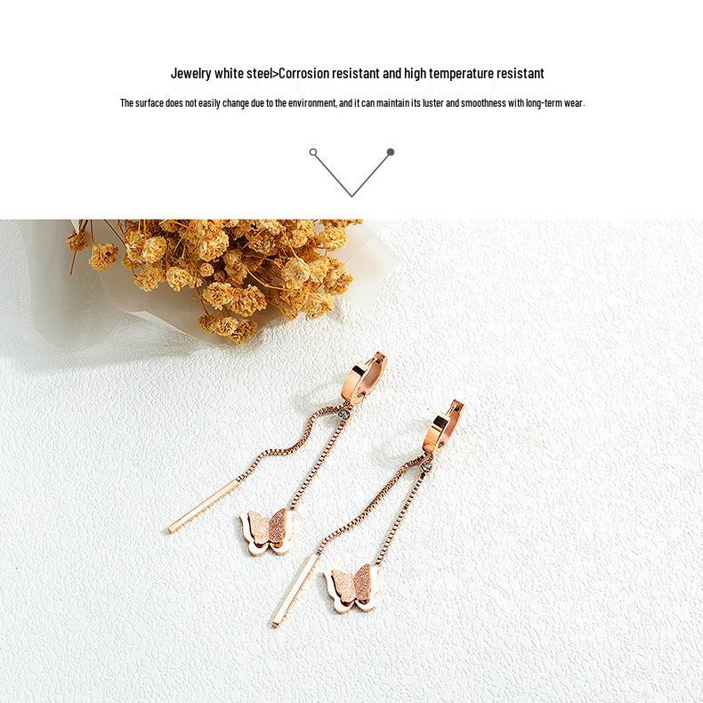 New Korean Tassel Butterfly Titanium Steel Stud Earrings for Women