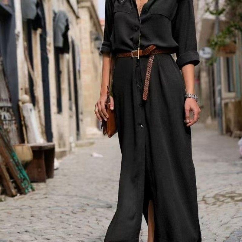 

2026 European & American Long Sleeve Slit Long Dress with Belt - Women s Fashion for Spring & Autumn M