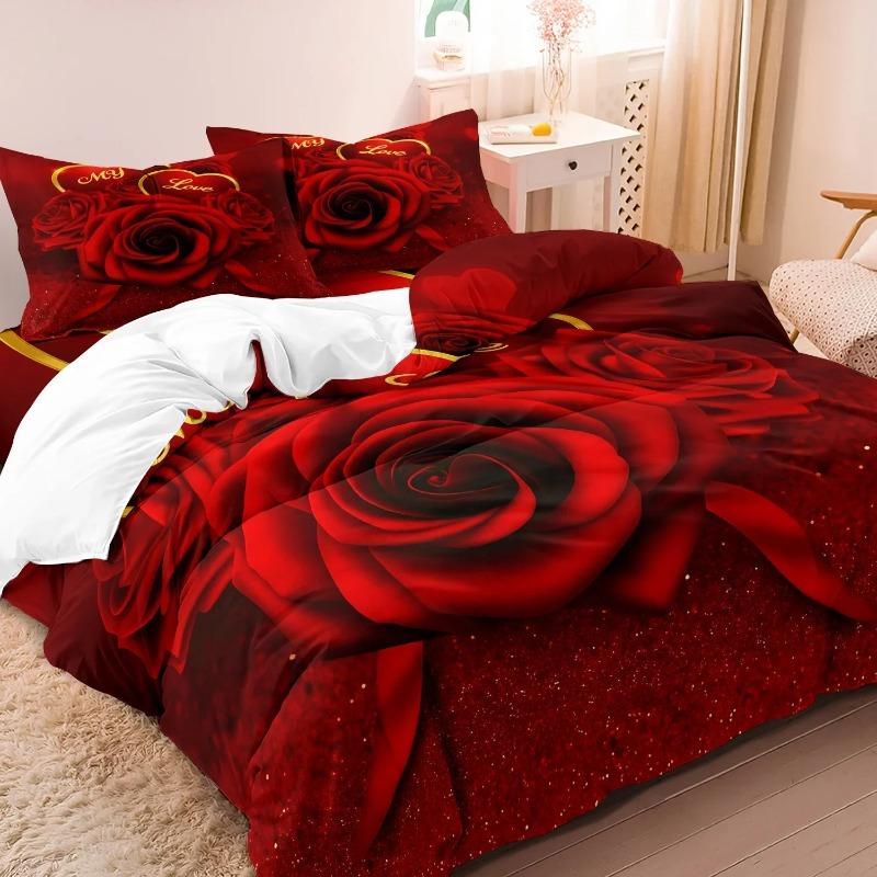 3pcs Romantic Valentine'S Day Bedding Set Red Rose Love Floral Duvet Cover Set Gifts for Lover(1 Duvet Cover And 2 Pillowcases)