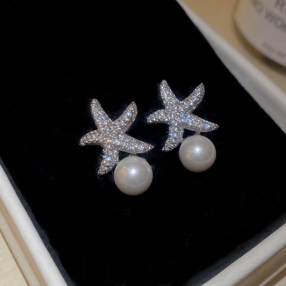 Ocean Style Starfish Starfish Pearl Stud Earrings Crystal Starfish Ear Studs  Girl Couple Gift