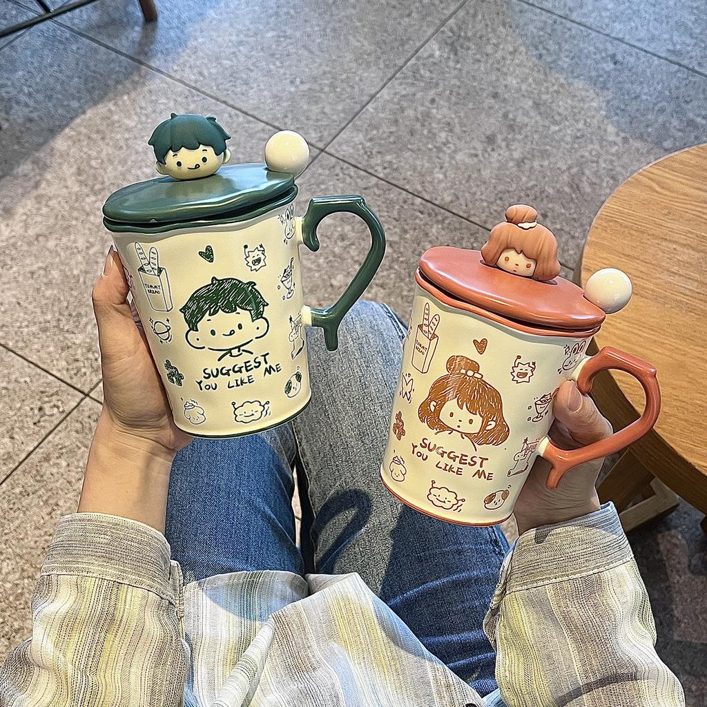 Cute Graffiti Ceramic Cup Couple Mug With Lid Spoon Household Drinking Cup Niche Design Breakfast Cup
