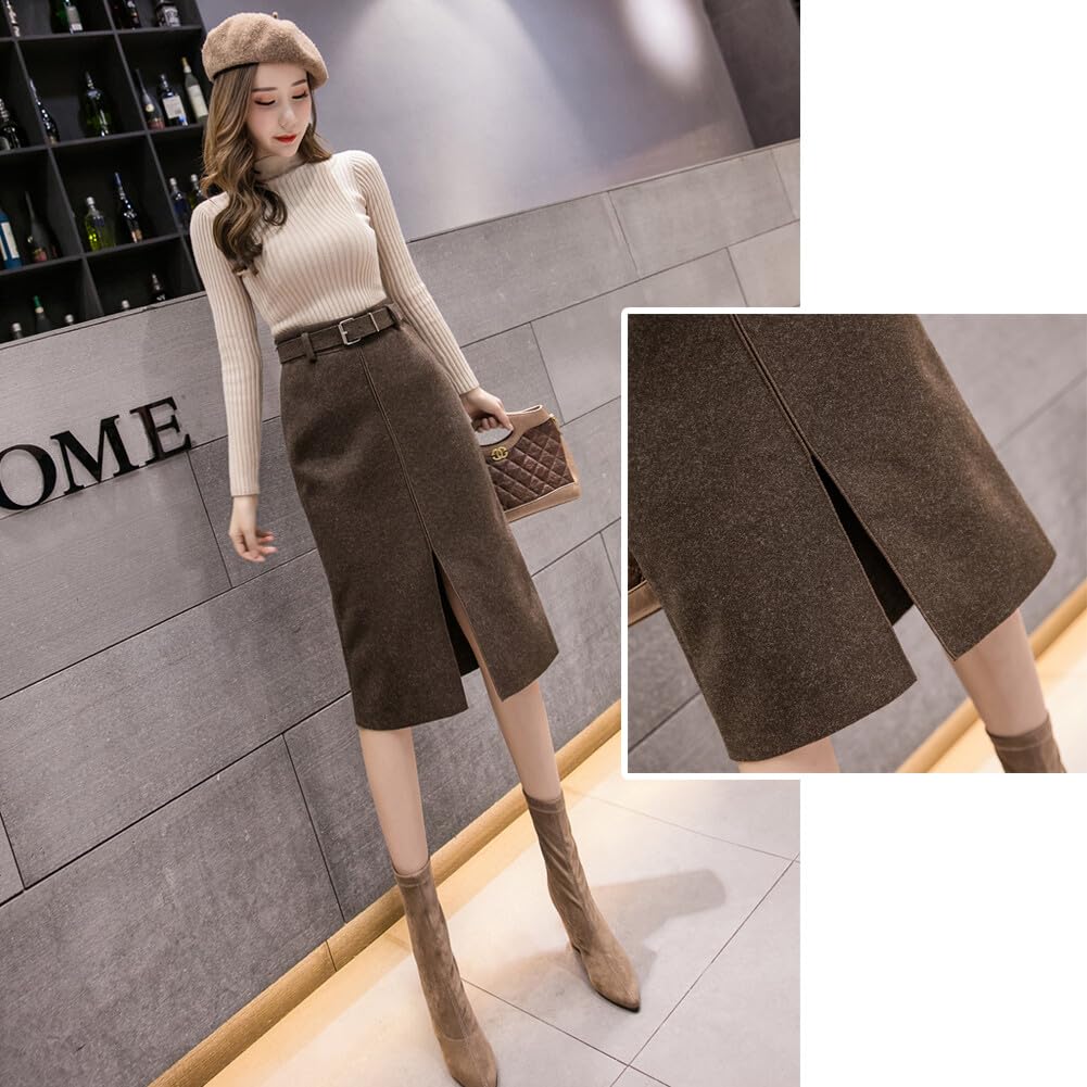 FYBownot Slim Wool Skirt with Slit and Belt for Perfect for and Business Suits Women's Knee-Length Fall/Winter, Office, Commuting,