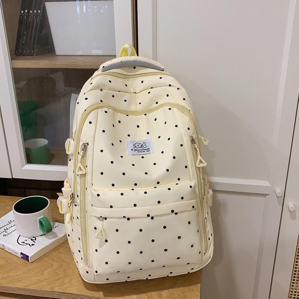 Einfacher Nylon-Rucksack mit Polka-Dots, niedliches Design, lässiger Schülerrucksack mit großem Fassungsvermögen und mehreren Fächern, geeignet für den täglichen Gebrauch und die Schule.