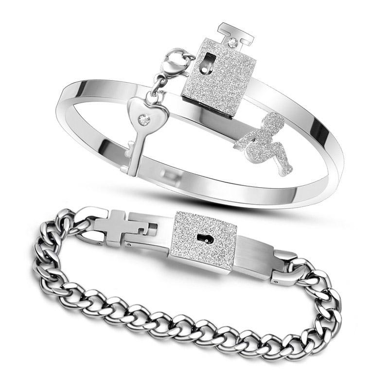 Couple Stainless Steel Bracelet Love Heart Lock Key Pendant Necklace For Women Men Valentine Gift Jewelry