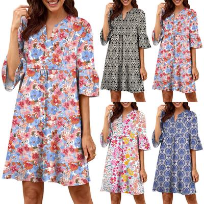 Women's Fashionable V Neck  V-neck Ruffle Sleeves Retro Print Loose Pleated Five Quarter Sleeve Dress
