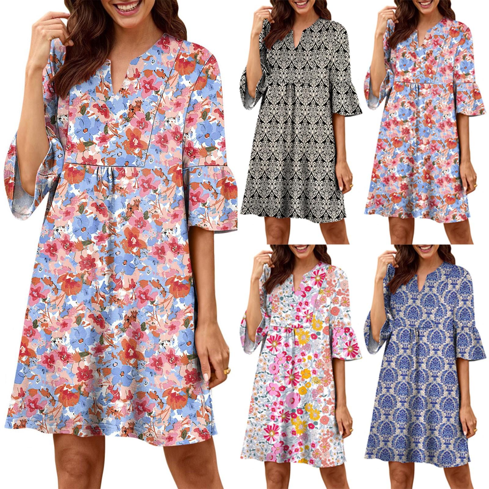 

Women s Fashionable V Neck V-neck Ruffle Sleeves Retro Print Loose Pleated Five Quarter Sleeve Dress XL розовый