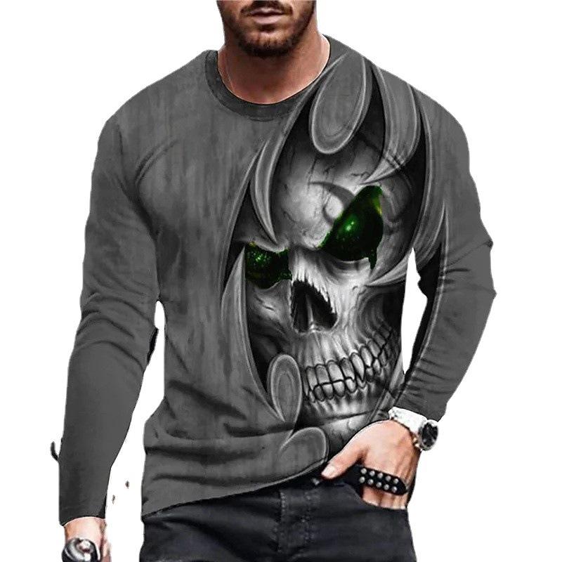 Trendy Skull Retro Casual Crew Neck T-Shirt Men'S Long Sleeve 3D Digital Printing