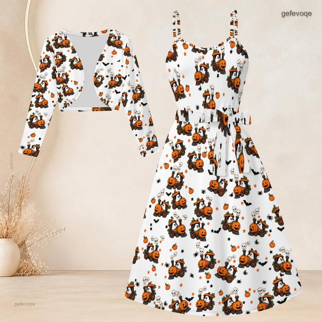 Women Plus Size Two Piece Outfit Long Sleeve Cropped Shrug Strappy Tie Waist Halloween Printed White Long Dress