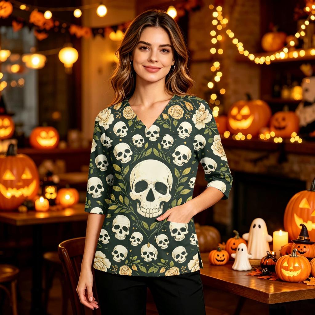 Women's Casual Halloween Print Uniform Top with V-Neck, Pockets and Side Slit, Three-Quarter Sleeve