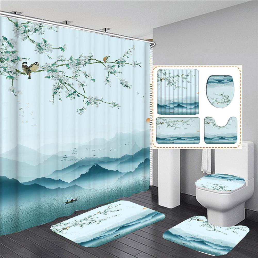 Chinese Style Flowers And Birds Waterproof Shower Curtain Set Toilet Seat Cover Bath Non-Slip Mat Rug Carpet Bathroom Decor