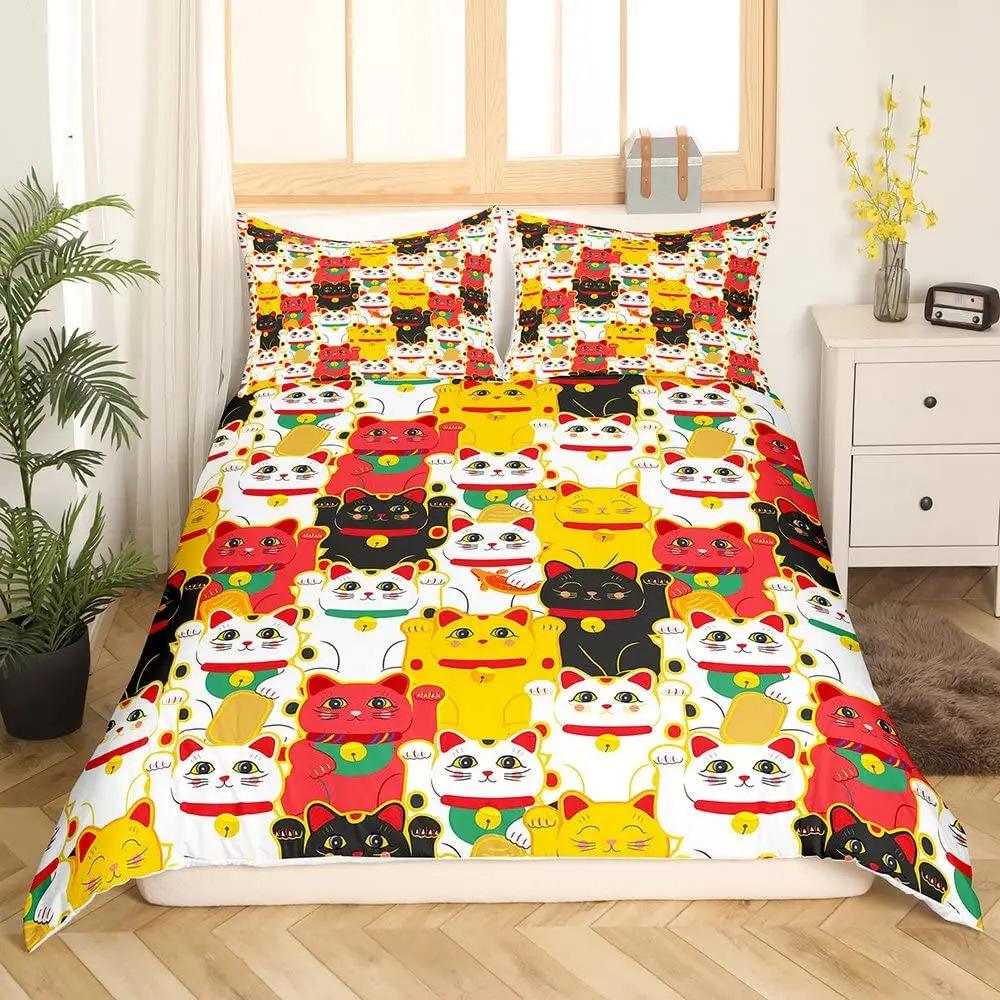 Japanese Lucky Cat Quilt Cover Set Japanese Cute Bedding Set With Pillowcase Quilt Cover Three-Piece Set