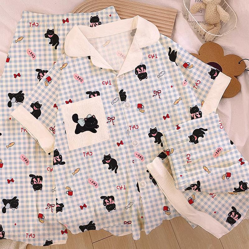 Little Black Cat Bow Cloud Cotton Pajamas Women'S Summer Short-Sleeved Three-Piece Set Cute Plaid Loungewear
