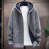 Winter Men Jacket Thickened Fleece Hooded Drawstring Zip-up Long Sleeves Sweater Coat Pockets Elastic Cuff Retro Knitted Daily Wear Outerwear Jacket