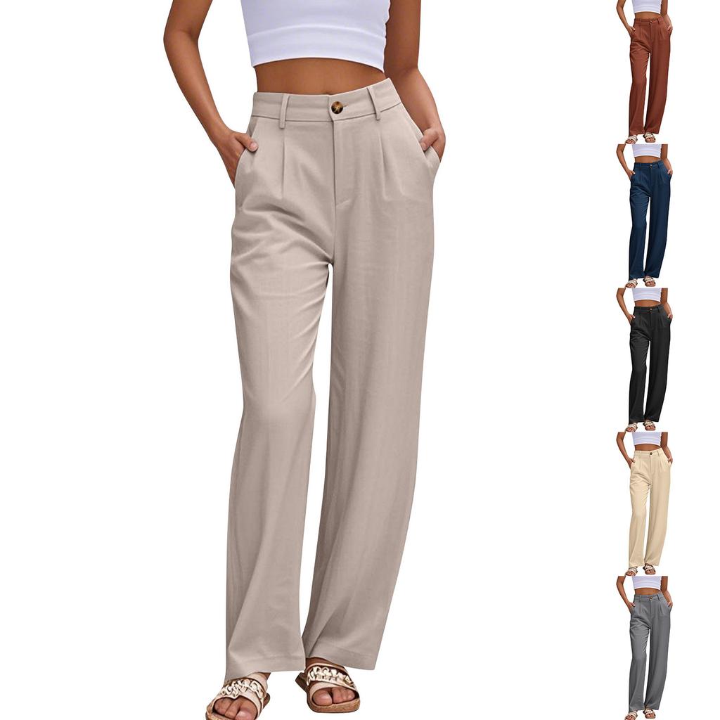 Women's Linen Casual High Waist Wide Leg Straight Dress Cotton Linen Pants Button Trousers