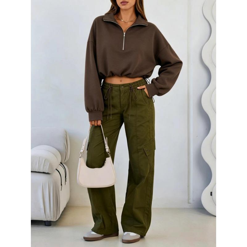Women S Half Zip Long Sleeve Cropped Sweatshirt With Drawstring Y2k Style