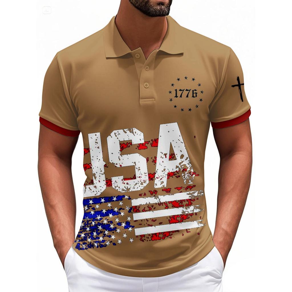 Modisches Herren-Freizeit-Oberteil mit Unabhängigkeitstag-Print am Hals und kurzen Ärmeln