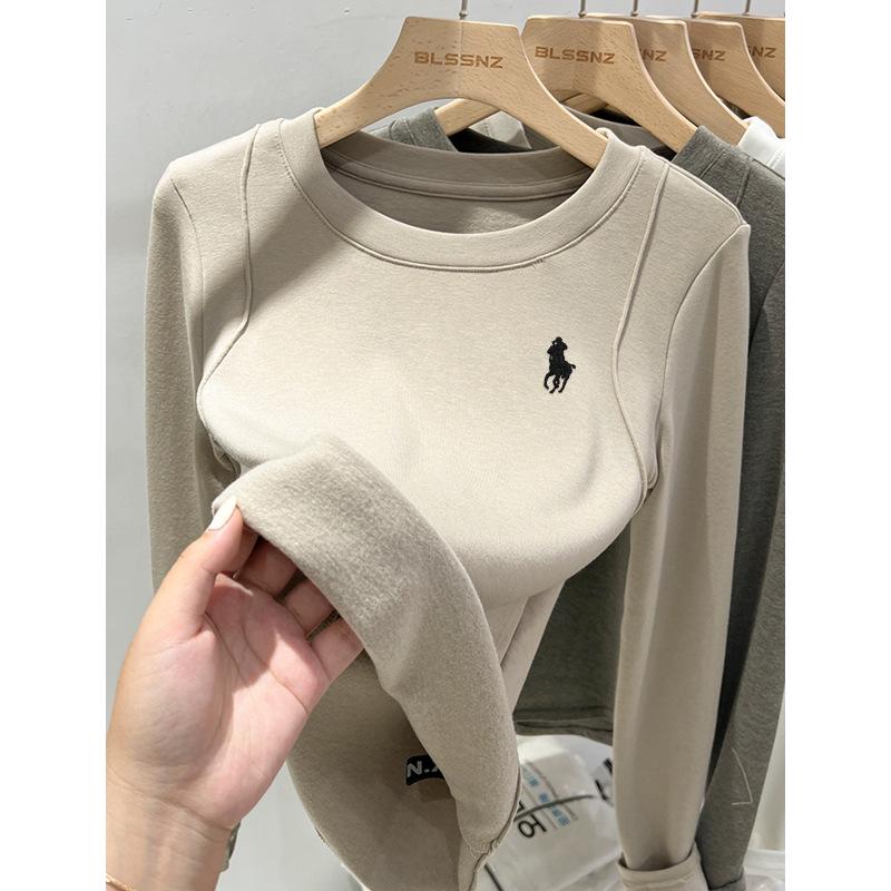 Korean Dongdaemun Embroidered Little Horse Velvet Lined Round Neck Women's T-shirt, Long Sleeve Autumn/Winter Top