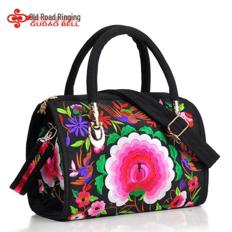 Ethnic Embroidered Drum-Shape Tote & Crossbody Canvas Bag