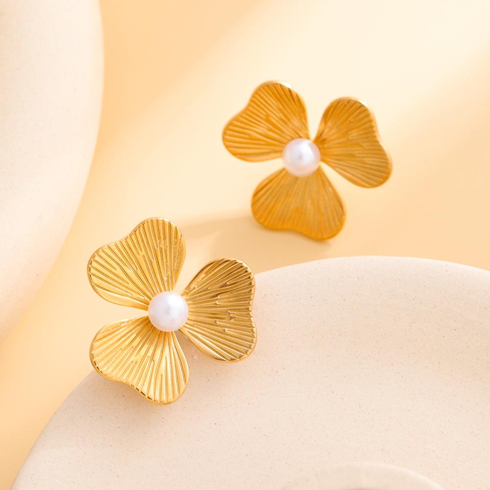 Polished Stainless Steel Pearl Stud Earrings for Women - Irregular Geometric Flower Design